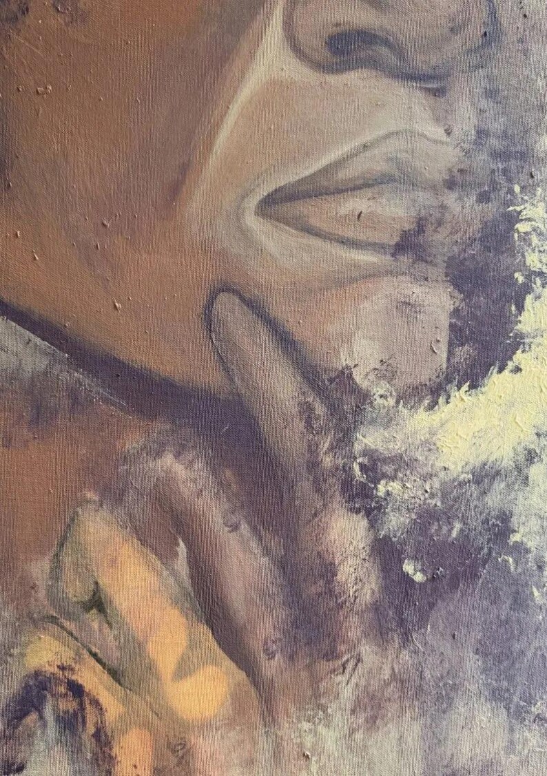 May include: An oil painting on canvas depicting a close-up of a person's face in profile. The subject has brown skin, with a hand resting near the chin. The color palette features shades of brown, tan, and cream, with textured brushstrokes.