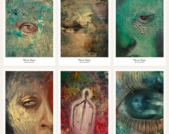 May include: A collection of six rectangular art prints by Merve Hayer featuring textured oil paintings. The images display abstract human eyes, a landscape, a figure, and a face, all rendered with thick, layered brushstrokes and vibrant colors.