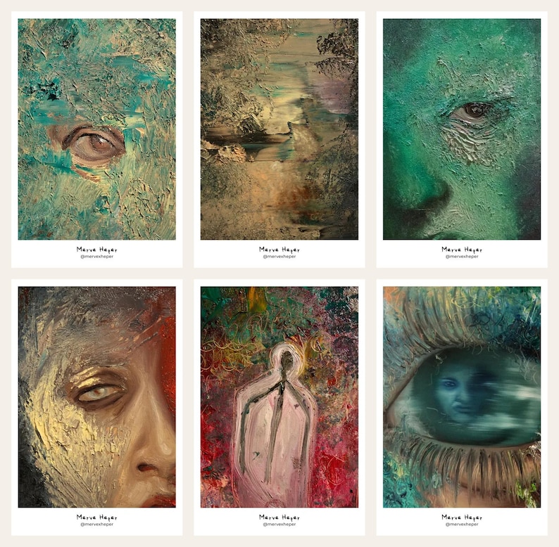 May include: A collection of six rectangular art prints by Merve Hayer featuring textured oil paintings. The images display abstract human eyes, a landscape, a figure, and a face, all rendered with thick, layered brushstrokes and vibrant colors.