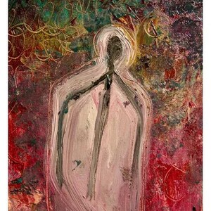 May include: An oil painting on canvas featuring a central pale pink figure with a dark gray outline and a halo-like top. The background is a textured mix of deep red, green, and gold paint strokes. The text Merve Heper @mervexheper is at the bottom.