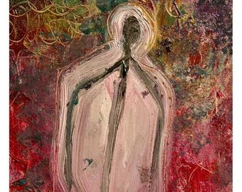 May include: An oil painting on canvas featuring a central pale pink figure with a dark gray outline and a halo-like top. The background is a textured mix of deep red, green, and gold paint strokes. The text Merve Heper @mervexheper is at the bottom.