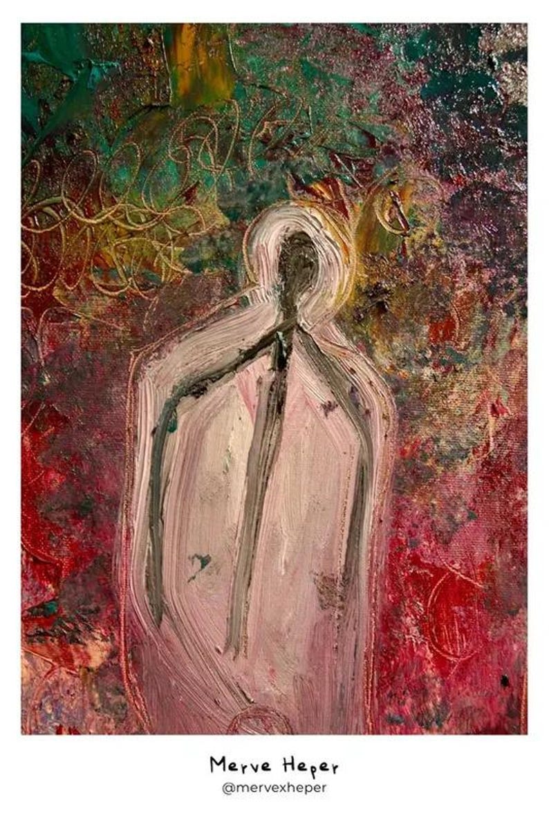 May include: An oil painting on canvas featuring a central pale pink figure with a dark gray outline and a halo-like top. The background is a textured mix of deep red, green, and gold paint strokes. The text Merve Heper @mervexheper is at the bottom.