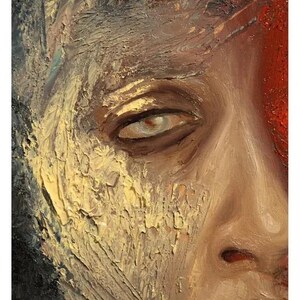 May include: An oil painting on canvas featuring a close-up of a face with heavy, textured impasto brushstrokes in shades of beige, brown, and grey. A vibrant red section contrasts on the right side. The text Merve Heper @mervexheper is below.