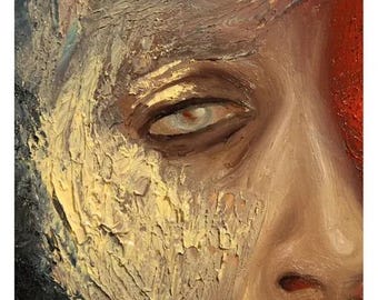 May include: An oil painting on canvas featuring a close-up of a face with heavy, textured impasto brushstrokes in shades of beige, brown, and grey. A vibrant red section contrasts on the right side. The text Merve Heper @mervexheper is below.
