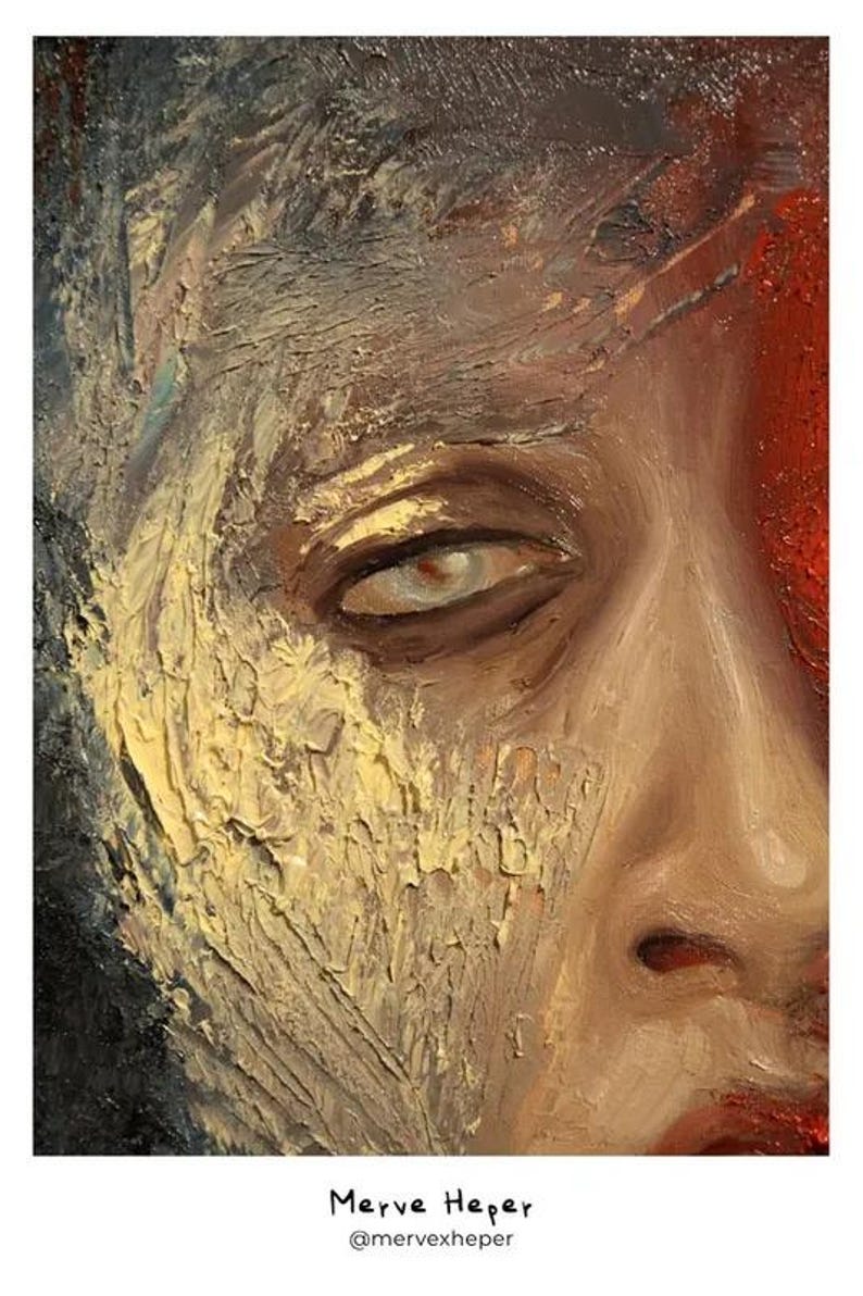 May include: An oil painting on canvas featuring a close-up of a face with heavy, textured impasto brushstrokes in shades of beige, brown, and grey. A vibrant red section contrasts on the right side. The text Merve Heper @mervexheper is below.