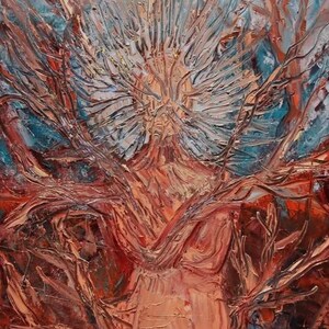 May include: An oil painting featuring a central figure composed of thick, textured brushstrokes in shades of copper, bronze, and peach. The figure is surrounded by radiating, branch-like forms against a background of deep red and blue.