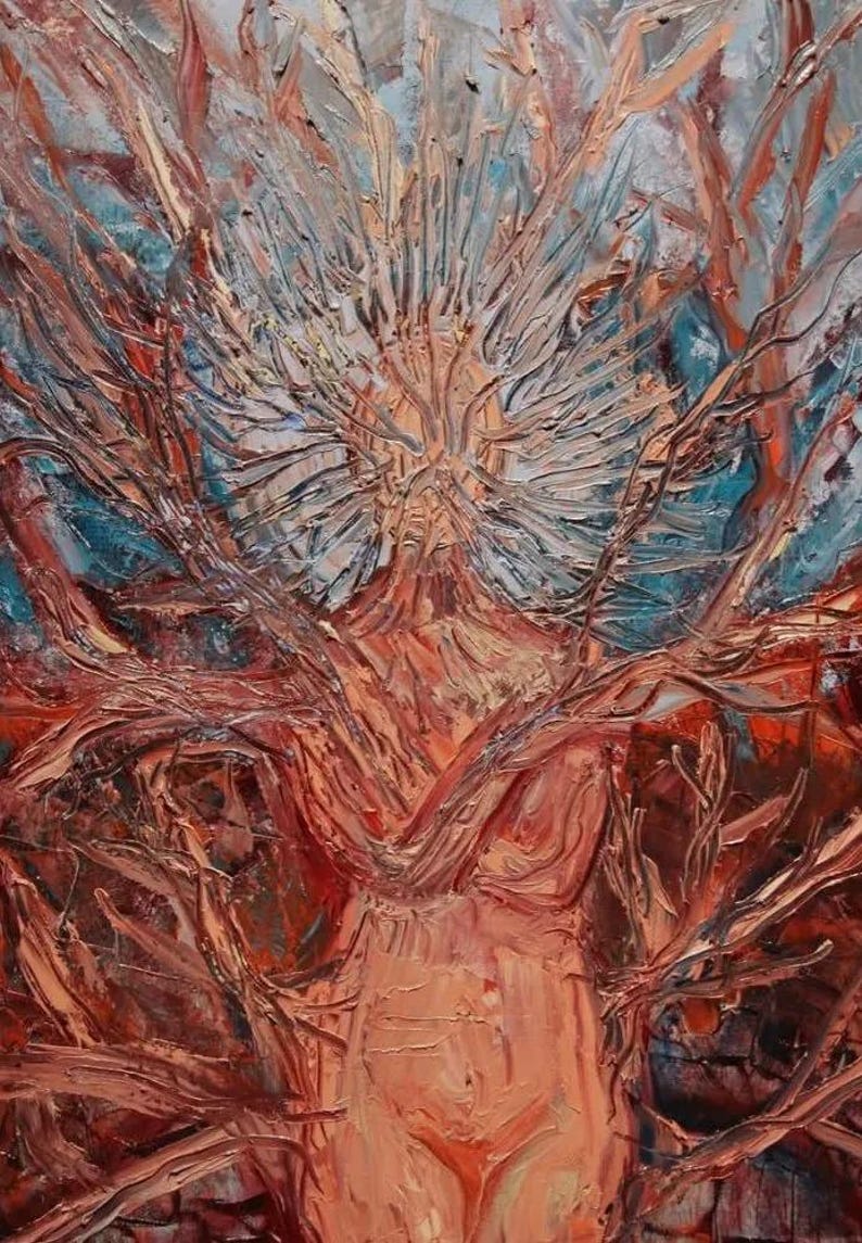 May include: An oil painting featuring a central figure composed of thick, textured brushstrokes in shades of copper, bronze, and peach. The figure is surrounded by radiating, branch-like forms against a background of deep red and blue.