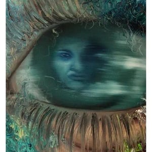 May include: An oil painting depicting a large, detailed human eye with long, textured eyelashes. The iris contains a blurred, ethereal reflection of a face in shades of teal, blue, and green. The text Merve Heper @mervexheper is at the bottom.