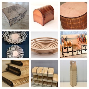 33 laser cutting projects, tool bins, bowls, treasure chests, folding tablet covers and etc.