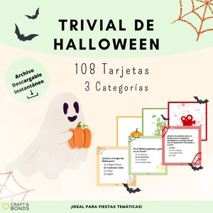 Puede incluir: Un juego de trivia de Halloween imprimible con 108 tarjetas y 3 categorías. El juego presenta un fantasma sosteniendo una calabaza y una ilustración de estilo de dibujos animados de una casa encantada. El texto en las tarjetas incluye preguntas sobre los orígenes de Halloween, el folclore japonés y las películas de terror.