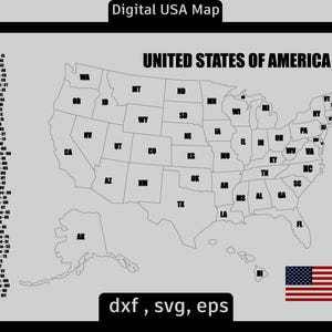 May include: Digital USA map with state outlines and abbreviations. The words "UNITED STATES OF AMERICA" are at the top. The American flag is in the lower right corner. The image also includes the text "dxf, svg, eps".
