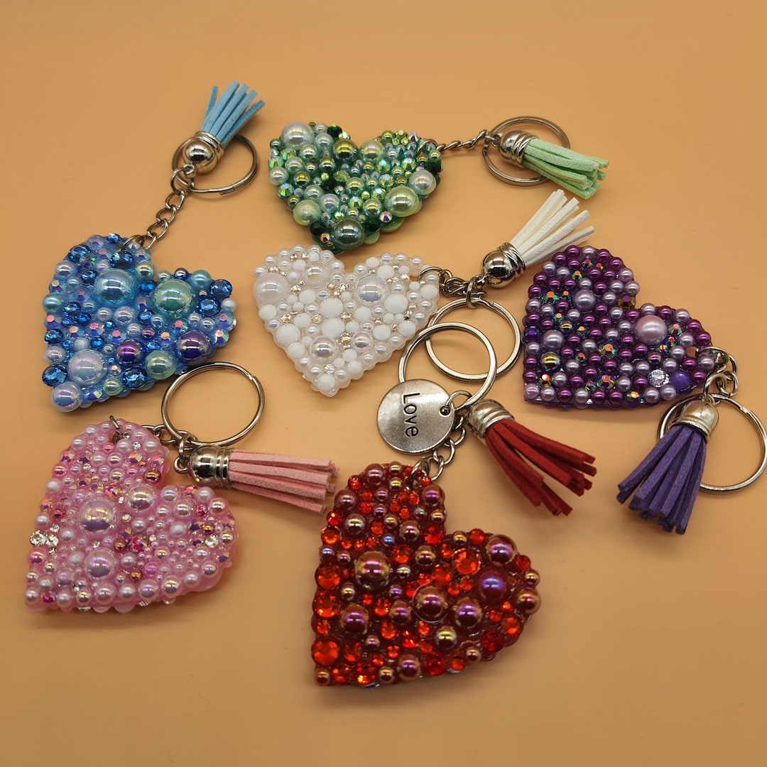 Heart Shape Pearl & Rhinestone Keychains With Tassel for Valentine's L ...
