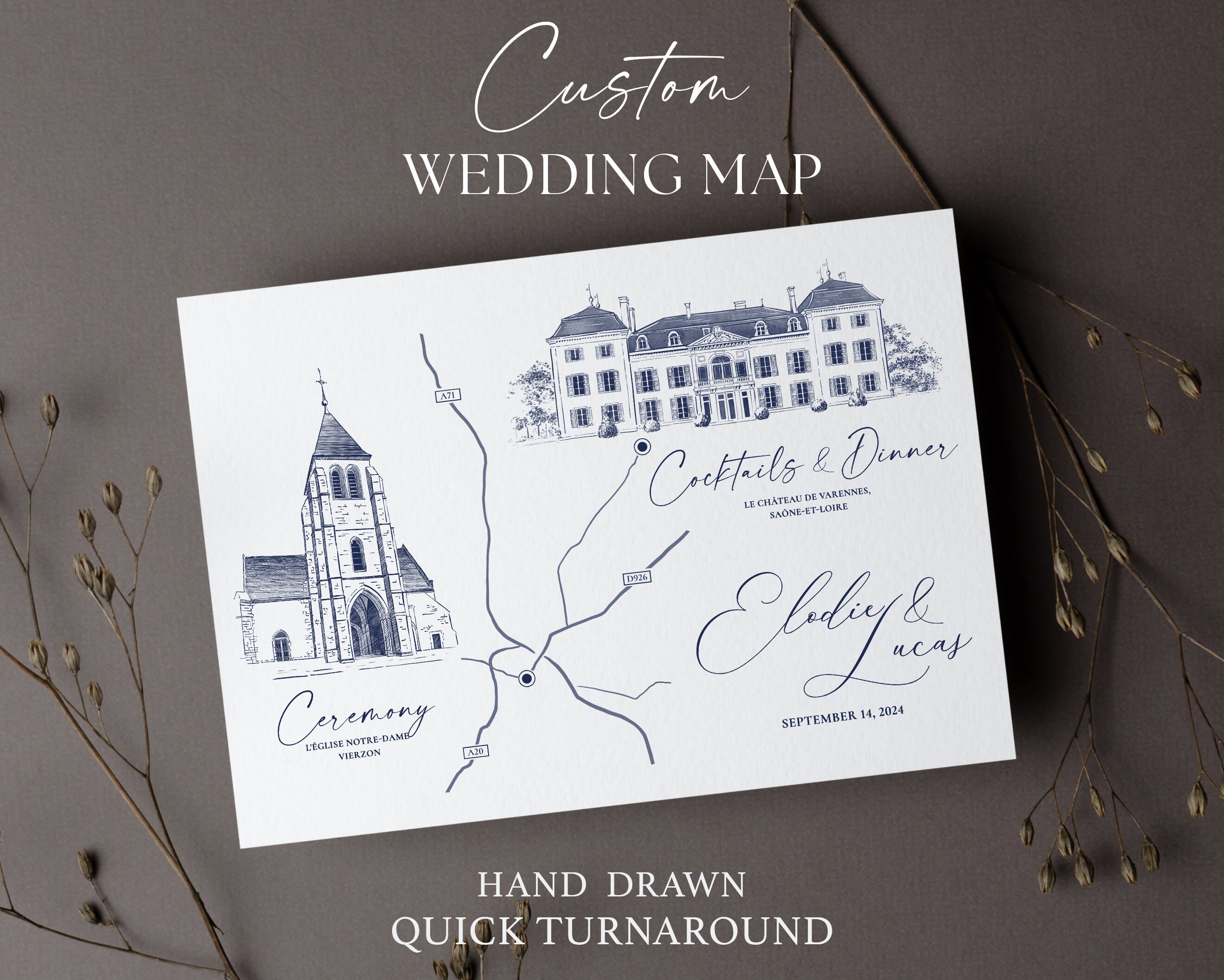 Custom Wedding Map Invitation, Hand Drawn Wedding Venue Map ...