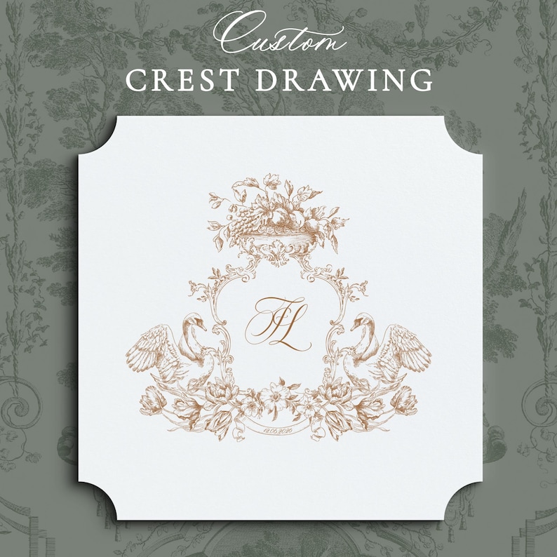 Custom Hand-drawn Wedding Crest Drawing With Monogram, Bespoke Heraldic ...
