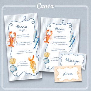 May include: Watercolor menu cards with a nautical theme. The cards feature a blue and white striped background, lobster and fish illustrations, and the word "Menu". Also included are place cards with the names "Margo" and "Luca".