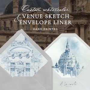 Custom Envelope Liner Illustration, Watercolor Venue Sketch, Hand-Drawn Venue Invite, Hand Painted Watercolor Destination Wedding Invitation
