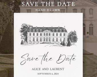 Custom Venue Save Date, Hand Drawn Architectural Illustration,  Bespoke Venue Portrait, Bridal Keepsake, Digital Wedding Announcement