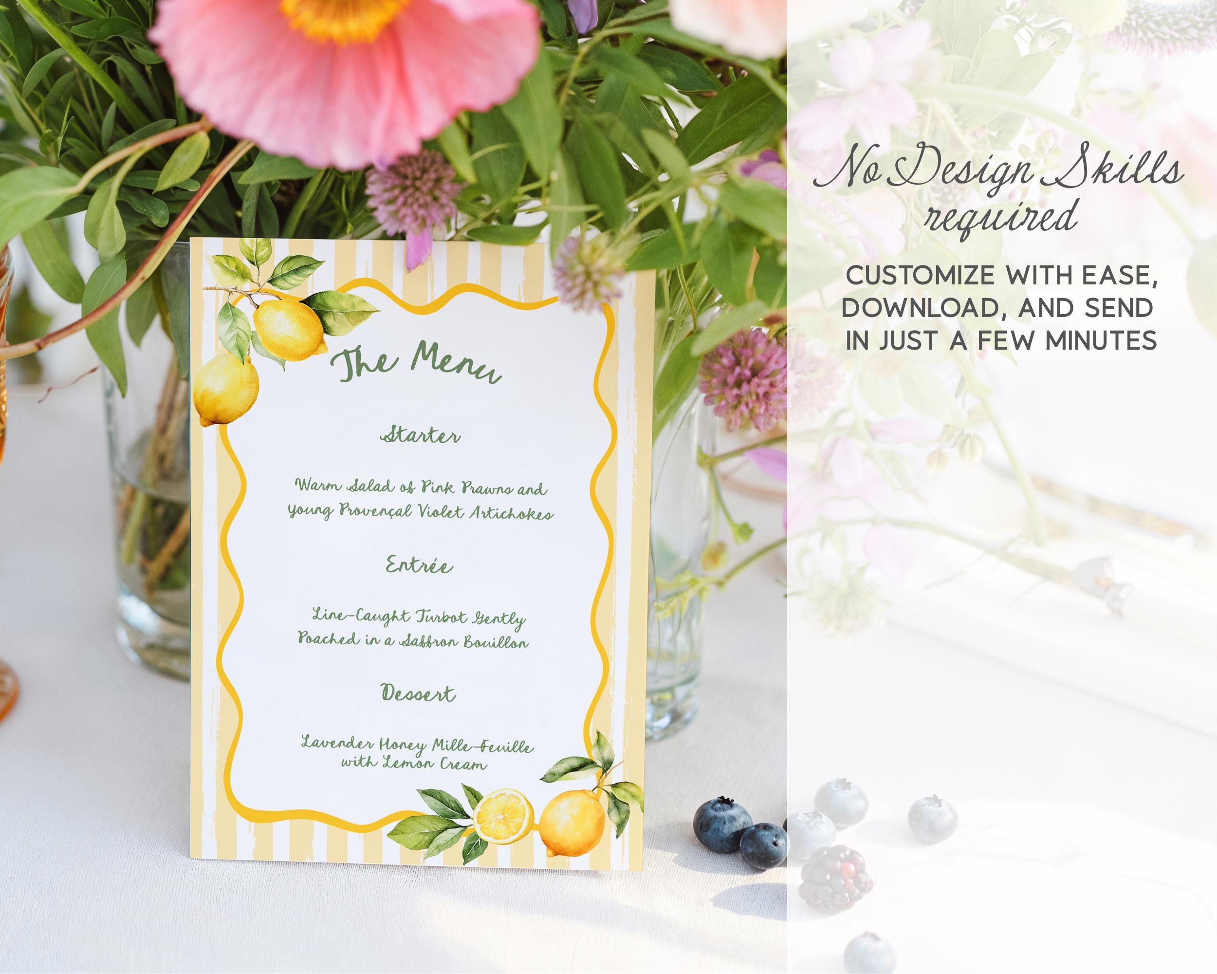 Menu Order Invite Whimsical Lemon Menu, Editable Summer Dinner Menu and Placecards, Party ...