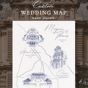 Mapa del lugar de la boda personalizado, dibujado a mano, e invitaciones ilustradas.