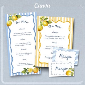 May include: Two menu cards and two name cards with a lemon theme. The menus have a blue and white striped border, and the name cards have a blue and white striped border. The menus and name cards have the text "The Menu" and "Margo" printed on them.