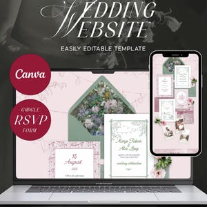 May include: A laptop screen displays a wedding website template with the text "Wedding Website" and "Easily Editable Template." The design includes floral elements, invitation examples, and a mobile phone mockup. The Canva and Google RSVP Form logos are visible.