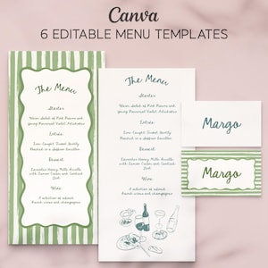 Editable Hand-Drawn Dinner Menu, Sage Menu Soiree, Whimsical Wavy Menu, Handwritten Summer Party Menu, Printable Canva Template Wedding Menu
