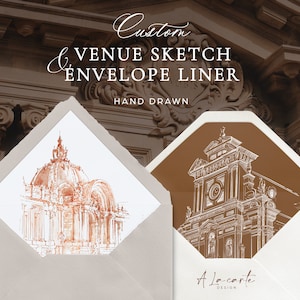 Custom Hand Drawn Venue Sketch, Envelope Liner Illustration, Destination Wedding Invitation, Illustrated Venue Invite, Venue Illustration