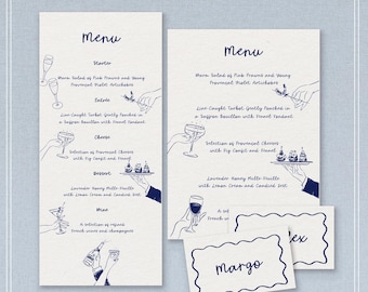 May include: Elegant menu and place card set with a navy blue outline design. The menu features handwritten text with illustrations of food and drinks. The place cards have a scalloped edge and the name "Margo".