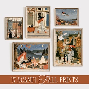 May include: A collection of five framed wall art prints featuring illustrations of a person with red hair wearing a witch hat, black cats, ghosts, and autumn landscapes. The text 17 SCANDI FALL PRINTS is displayed in white at the bottom of the image.