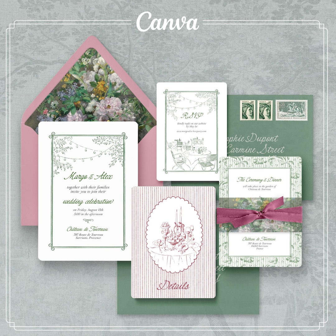 Elegant Sage Green Wedding Invitation Suite, Romantic Garden Coquette ...