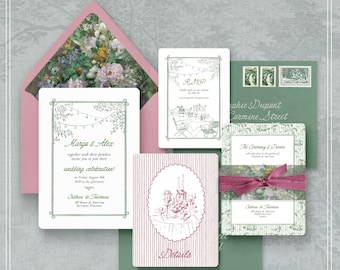 Elegant Sage Green Wedding Invitation Suite, Romantic Garden Coquette Style, Printable CANVA Invite Template