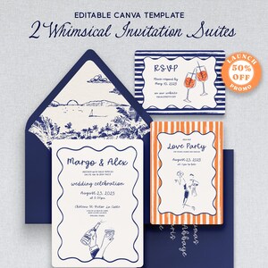 Whimsical Wedding Invitation Suite, Editable Canva Template, Coastal Party Wedding, Retro Illustrations Invite, Printable Stationery Set