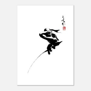 May include: Black and white ink drawing of a frog. The frog is depicted in a minimalist style, with bold brushstrokes creating its form. Japanese characters and a red seal are in the upper right corner. The artwork is on a white background.
