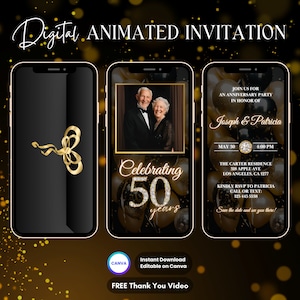 50th Anniversary Invitation, Gold 50th Anniversary Party Animated Invitation, Editable Anniversary Digital Video Invite, Wedding Anniv Evite