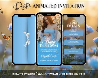 Baby in Bloom-Einladung, blaue Babyparty-animierte Einladung, bearbeitbare Baby-Brunch-Party-Digital-Video-Einladung, Baby-Party-Evite-Vorlage