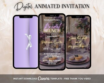 Invitación para brunch nupcial, invitación animada morada para despedida de soltera, invitación digital editable en video para brunch nupcial, invitación floral para despedida de soltera con invitación electrónica.