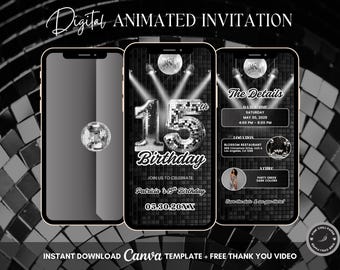 15th Disco Birthday Animated Invitation, Editable Groovy Dance Party Digital Video Invite Template, Evite
