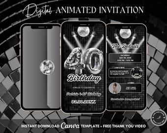 40th Disco Birthday Animated Invitation, Editable Groovy Dance Party Digital Video Invite Template, Evite