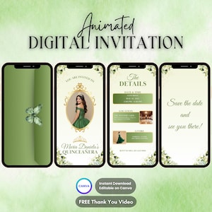 Quinceanera Invitation, Quinceanera Animated Invitation, Editable Green Gold Quinceañera Digital Video Invitation, 16th Quince Video Invite