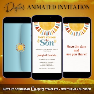 Convite para chá de bebê Sunshine, convite animado para chá de bebê Here Comes The Son, convite digital editável Blue Boy Sunshine, Boho