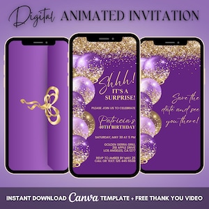 Surprise Party Invitation, Purple and Gold Surprise Animated Invitation, Surprise Birthday Video Invitation, Shhh Surprise Video Invite