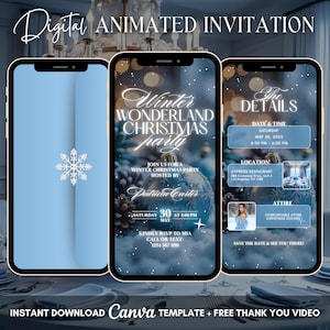 Puede incluir: Invitación digital animada en tres smartphones. El teléfono central muestra los detalles de la "Winter Wonderland Christmas Party", mientras que los otros muestran un copo de nieve e información del evento. El texto dice "Descarga instantánea Plantilla Canva + Video de agradecimiento gratuito."