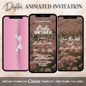 Pink Baby Shower Invitation, Floral Baby Shower Animated Invitation, Editable Pink Floral Baby Shower Party Video Invite, Baby Party Evite