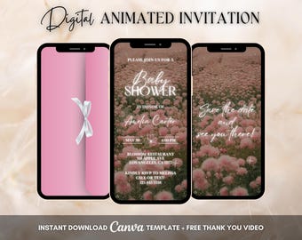 Pink Baby Shower Invitation, Floral Baby Shower Animated Invitation, Editable Pink Floral Baby Shower Party Video Invite, Baby Party Evite