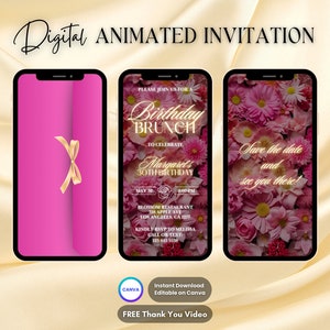 Rosa Brunch-Einladung, Geburtstags-Brunch-Animierte Einladung, bearbeitbare Brunch-Party-Digital-Video-Einladung, Frühstücks-Geburtstags-Blumenparty