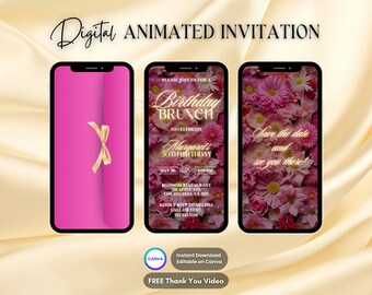 Pink Brunch Invitation, Birthday Brunch Animated Invitation, Editable Brunch Party Digital Video Invite, Breakfast Birthday Floral Party