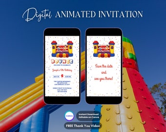 Uitnodiging Bounce House, geanimeerde uitnodiging Bounce House feest, bewerkbare Boy Bounce House digitale video uitnodigen, video-uitnodiging Jump-feestje