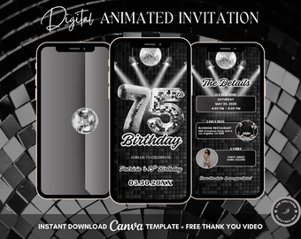 75th Disco Birthday Animated Invitation, Editable Groovy Dance Party Digital Video Invite Template, Evite
