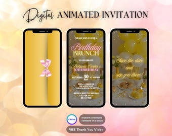 Invitación amarilla para brunch de cumpleaños, invitación animada para brunch, video digital editable para brunch, desayuno floral para cumpleaños con tema de Evite