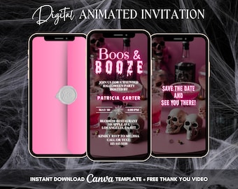 Pink Boos & Booze Invitation, Halloween Party Animated Invitation, Editable Halloween Digital Video Invite, Halloween Dinner Party Evite